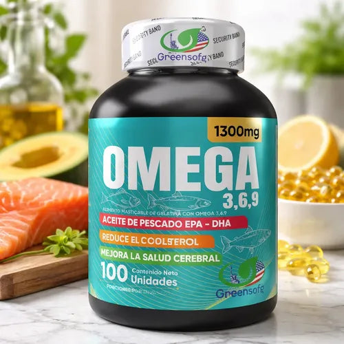 Omega 3-6-9 Greensofg 1300 mg | 100 Cápsulas | EPA + DHA | Salud Cerebral y Cardiovascular