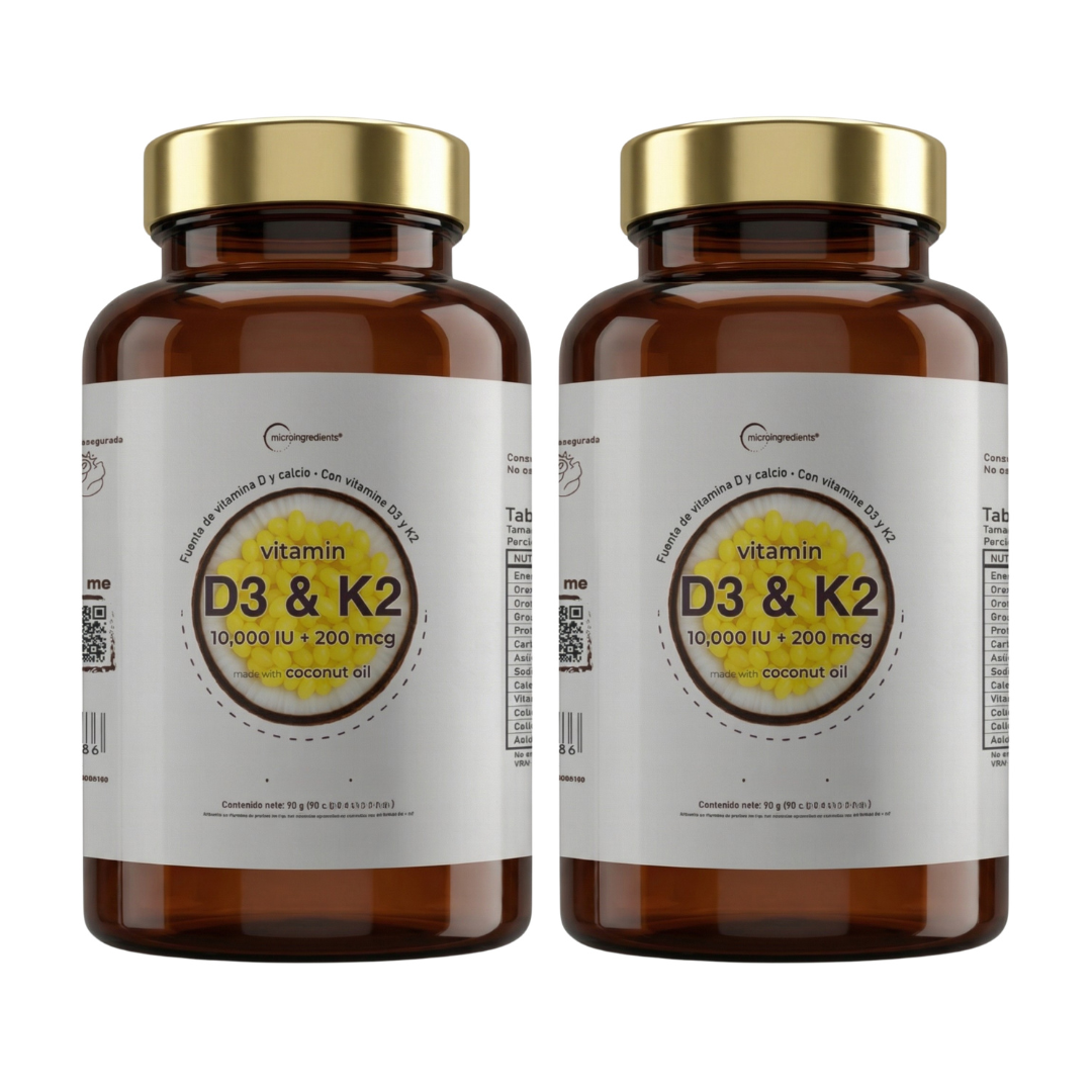 Vitamina D3 10,000 IU + K2 200 mcg | 90 Softgels | Alta Potencia con Aceite de Coco