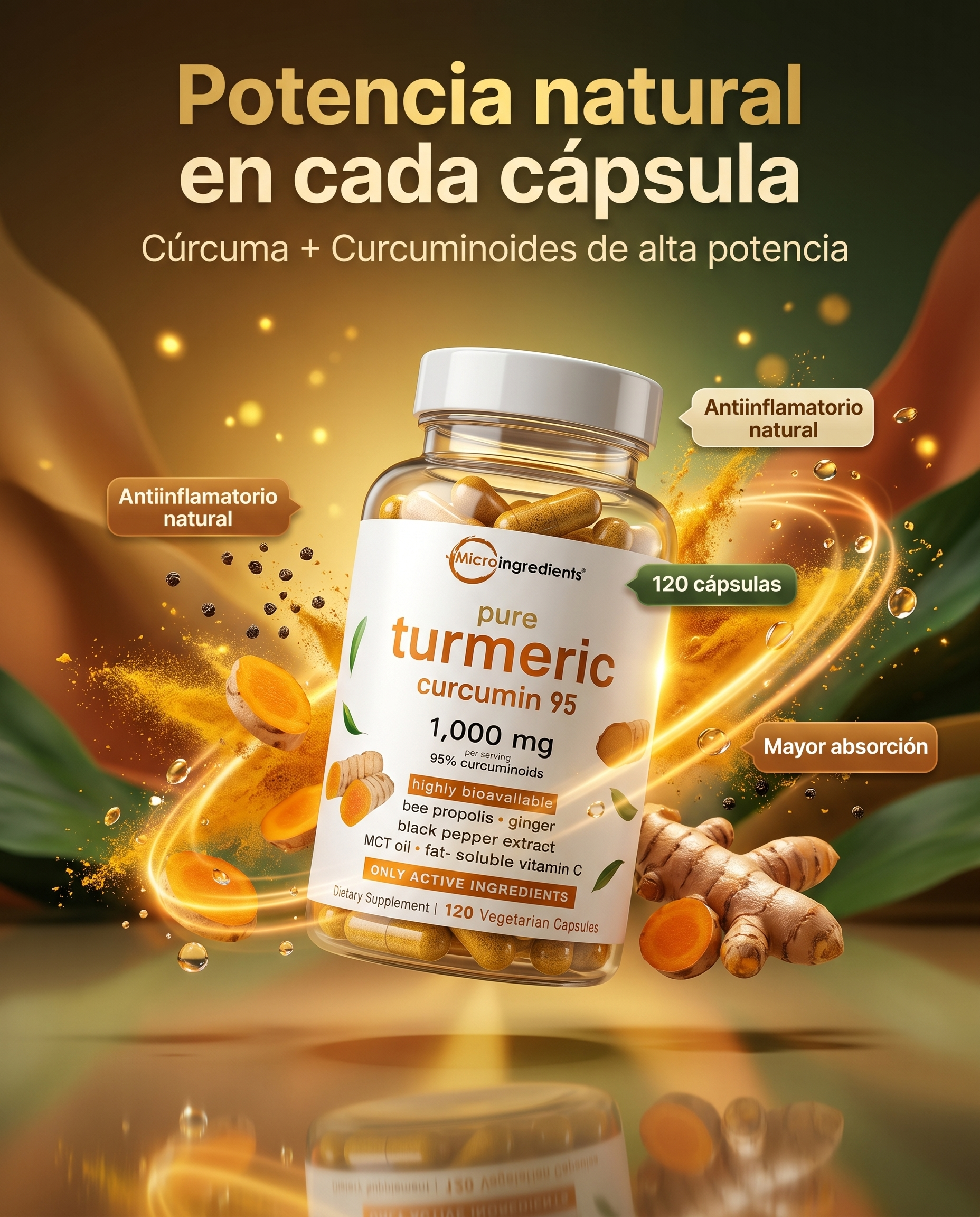 Turmeric Curcumin Premium | Cúrcuma con Curcuminoides de Alta Potencia | 120 Cápsulas | Antiinflamatorio Natural Imagen principal del producto